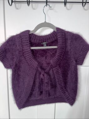 Jacob Purple Fuzzy Tie-Front Short Sleeve Shrug